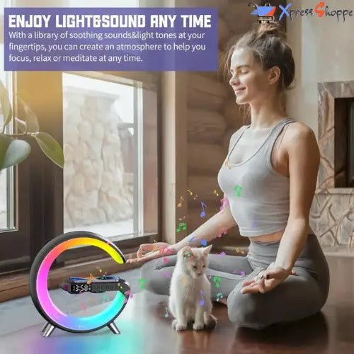 G-Pulstation™ - 4-in-1 G-Shaped Lamp With Wireless Charging, Built-In Speakers, Alarm Clock & RGB Rhythm Light - Xpress Shoppe