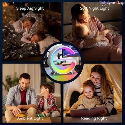 G-Pulstation™ - 4-in-1 G-Shaped Lamp With Wireless Charging, Built-In Speakers, Alarm Clock & RGB Rhythm Light - Xpress Shoppe